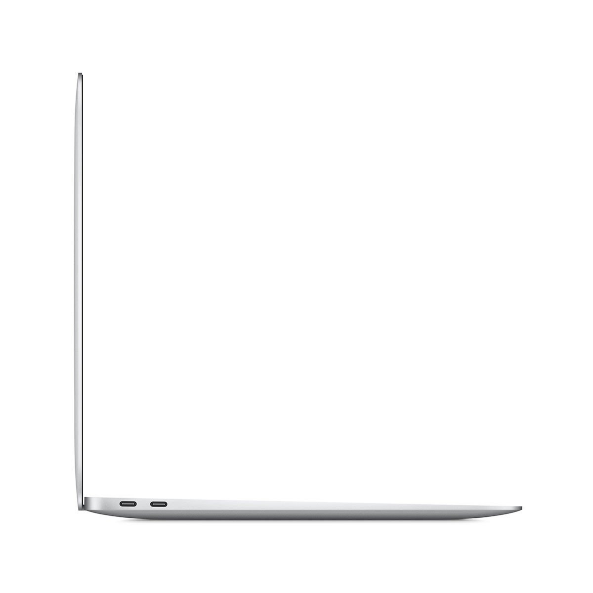 Widok z boku srebrnego laptopa, zamkniętego, na białym tle.