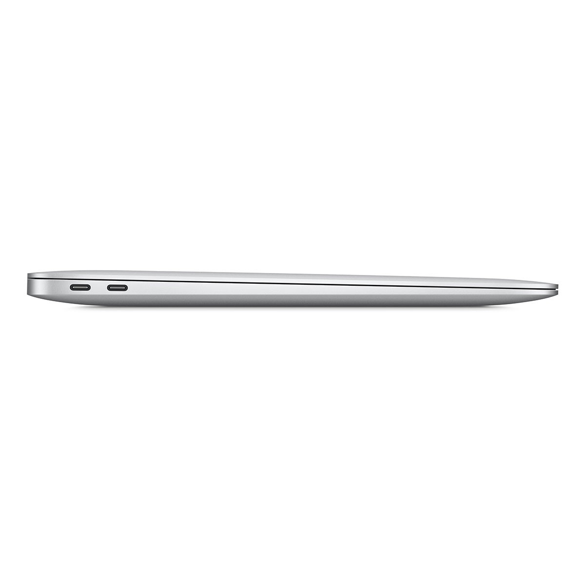 Srebrny laptop, zamknięty, pokazujący profil boczny laptopa na białym tle.