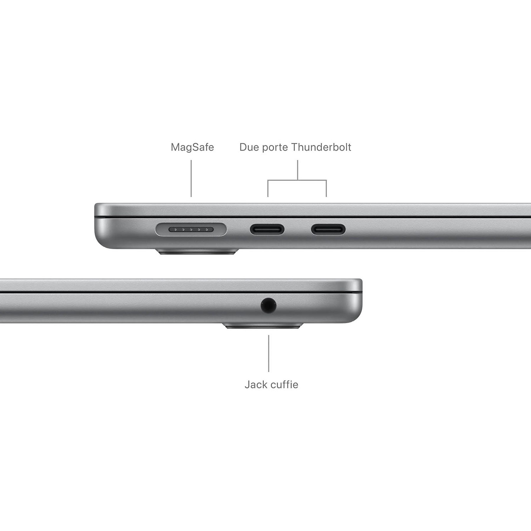 Vista laterale del laptop, porte etichettate: MagSafe, Thunderbolt e jack per cuffie.