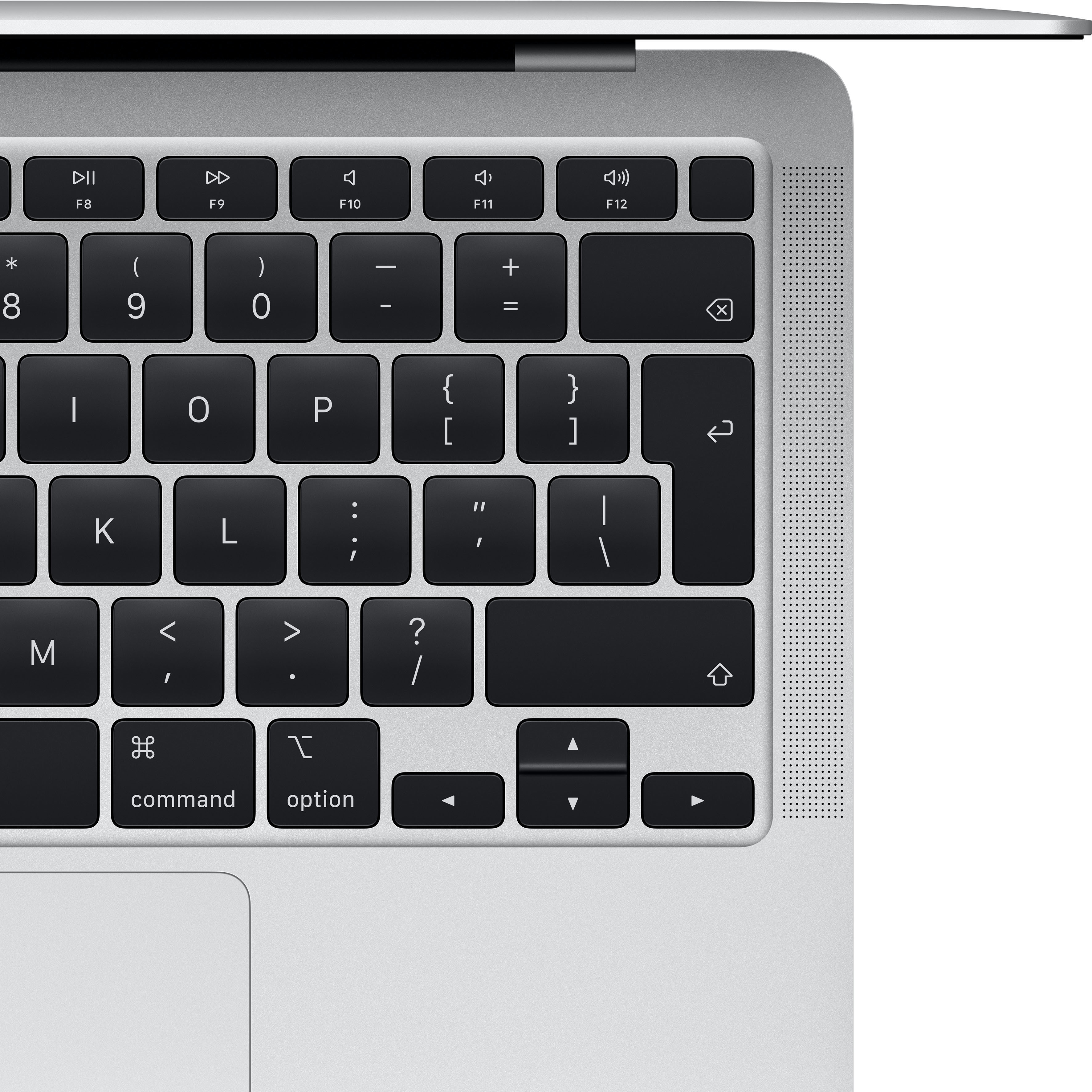 A close-up of a silver laptop keyboard with black keys, showing the space bar, command, and option keys.