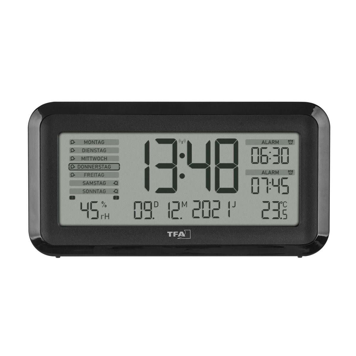Orologio digitale nero con ora, data e temperatura. Vengono visualizzati i giorni della settimana.