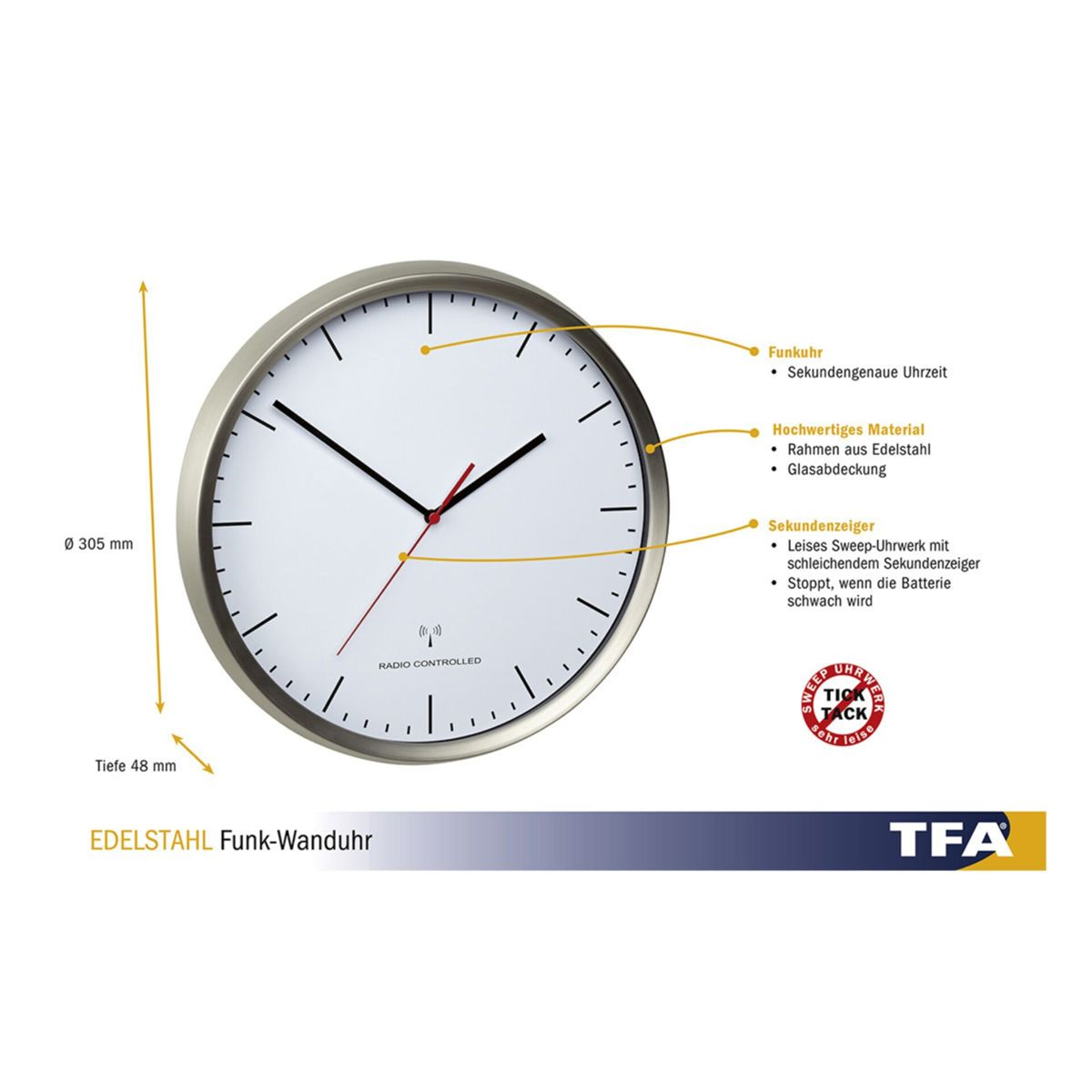 Wanduhr mit silbernem Rahmen, schwarzen Zeigern, rotem Sekundenzeiger. Text: Funkgesteuert.