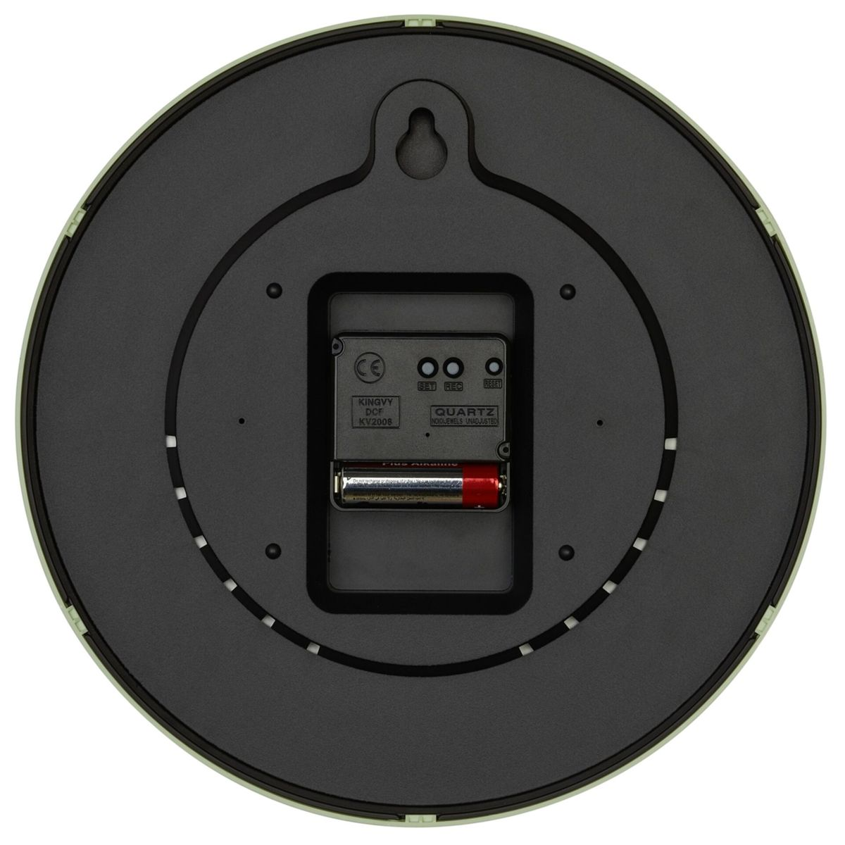 Die Rückseite einer runden Uhr, die das Batteriefach und den Aufhängehaken zeigt.