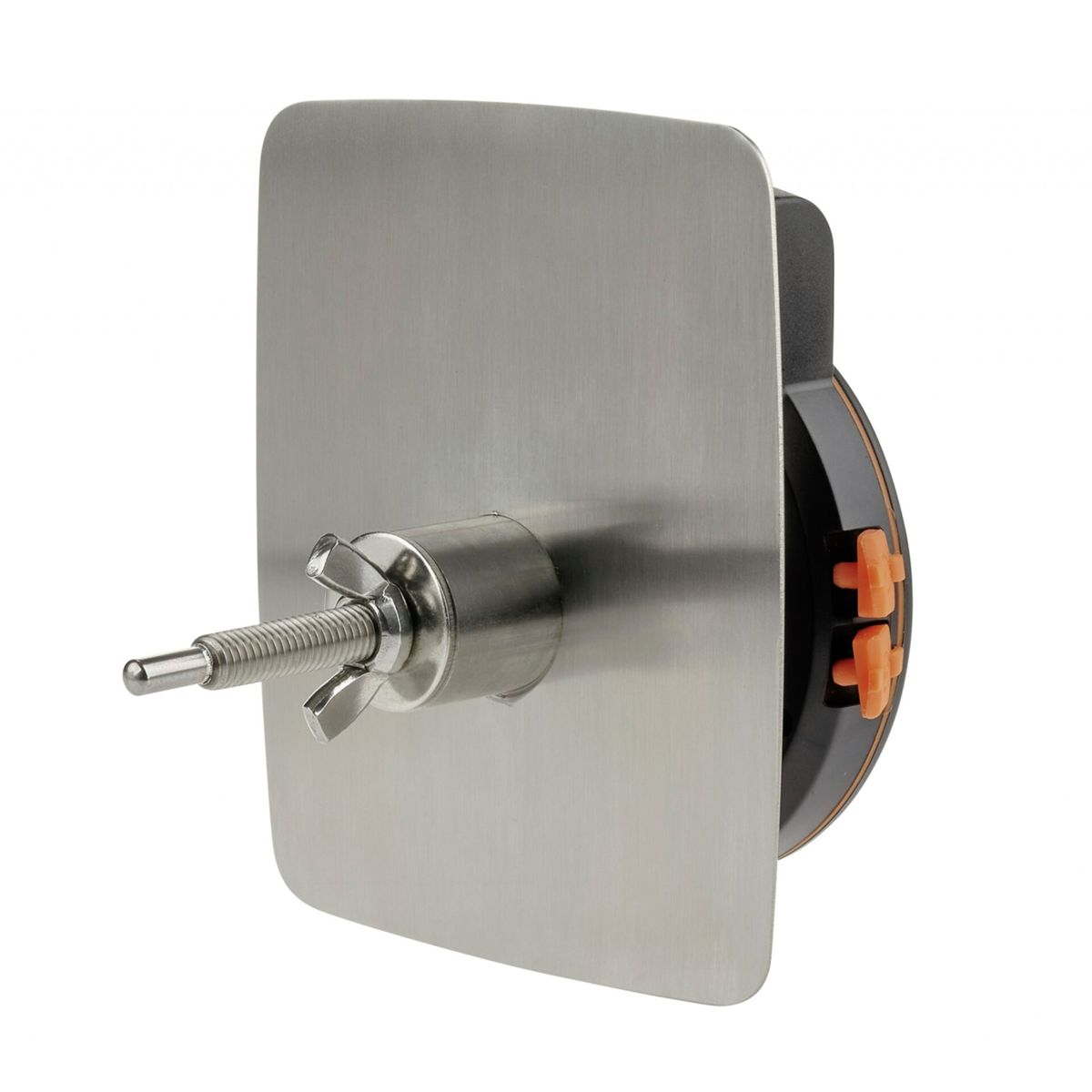 Ein quadratisches Metallgerät mit einem Zifferblatt und einer Schraube, möglicherweise ein Temperatursensor oder -messgerät.