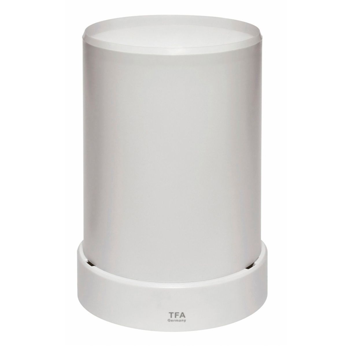 Un pluviomètre cylindrique blanc. Le fond est blanc.