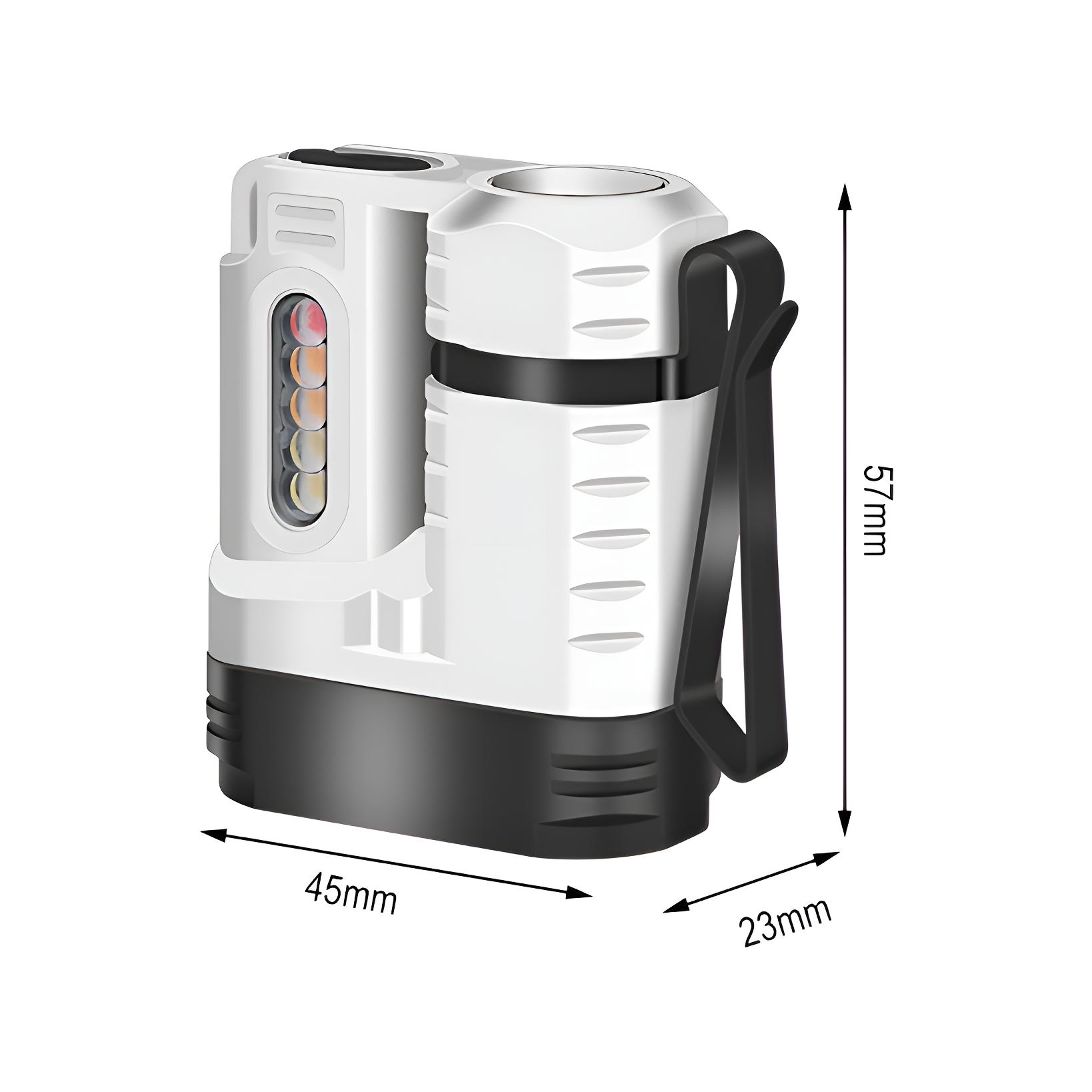 Weiße und schwarze Taschenlampe mit Griff. Sie hat eine farbige Lichtanzeige.
