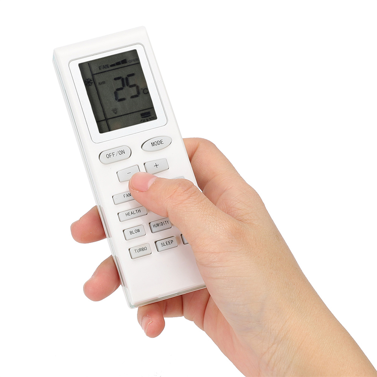 Hand hält eine weiße Fernbedienung. Das Display zeigt 25 Grad Celsius.