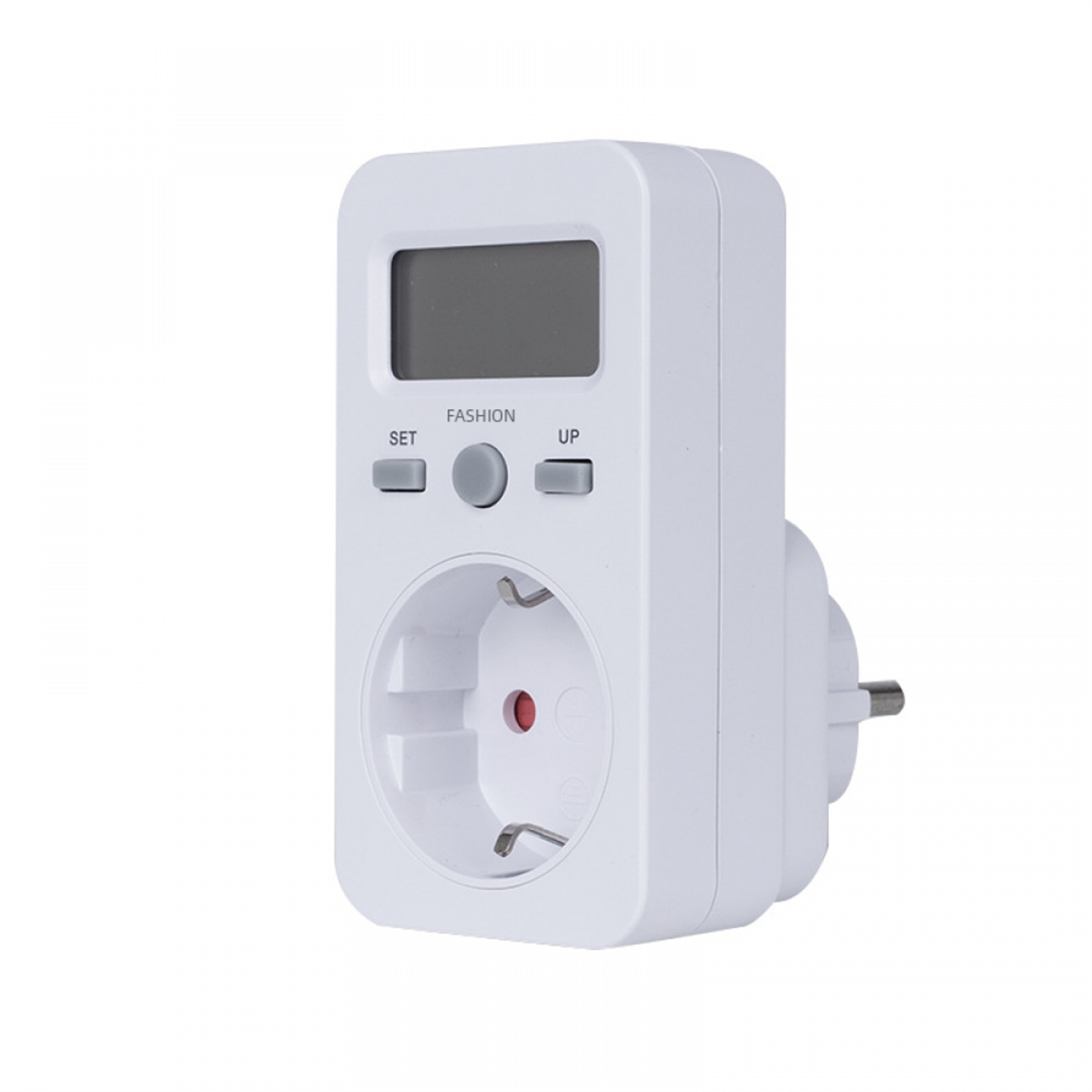 Weißes Strommessgerät mit digitaler Anzeige, Knöpfen und Stecker. Die Anzeige zeigt "Fashion".