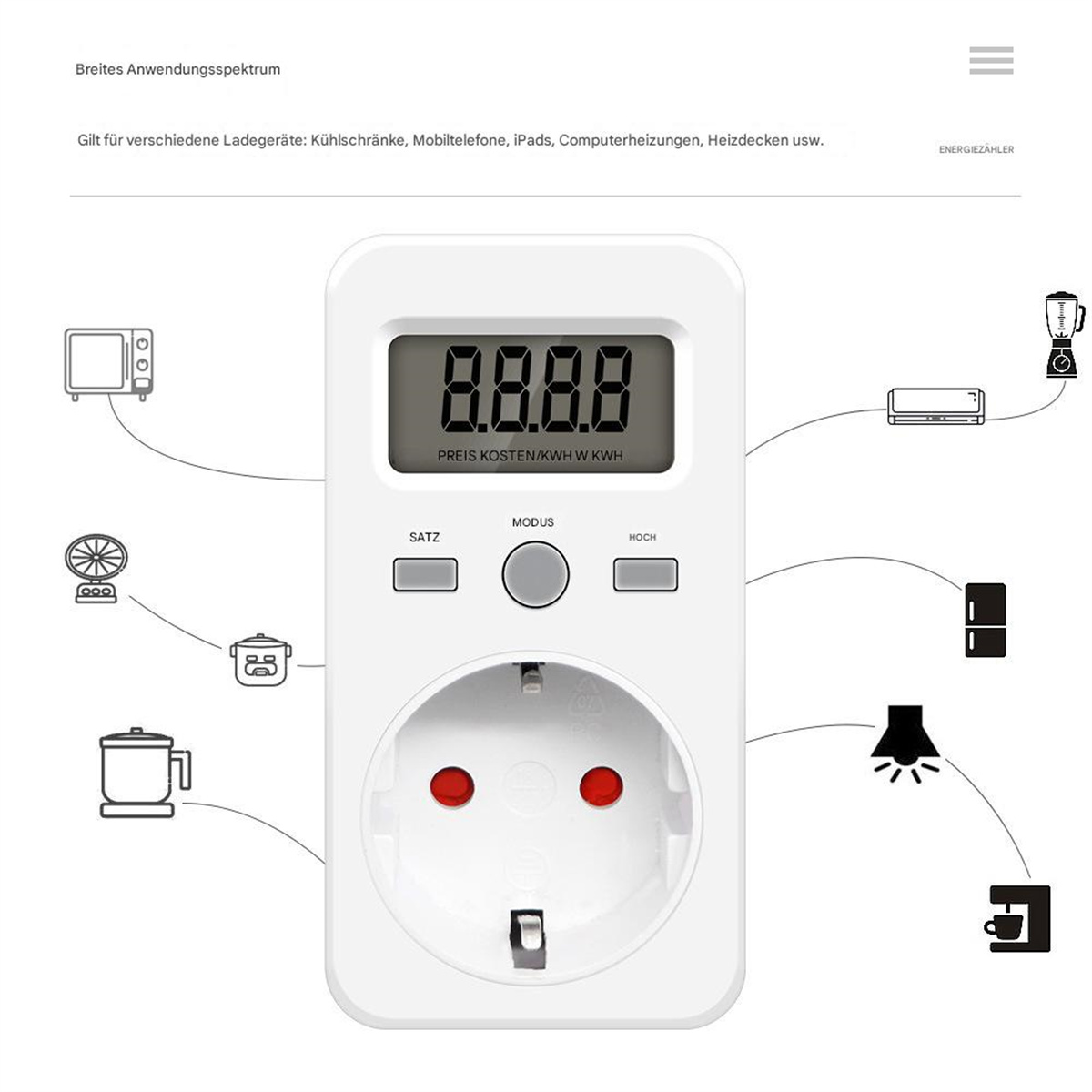 Weißer Energiemonitor mit digitaler Anzeige zur Anzeige des Stromverbrauchs und angeschlossener Geräte.
