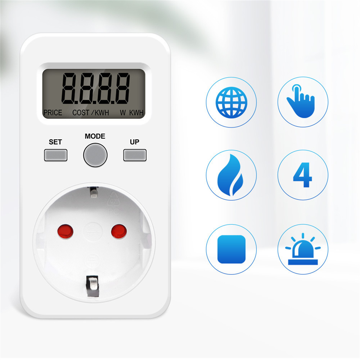 Weißer Steckdosen-Stromzähler mit Digitalanzeige, Knöpfen und Steckdose. Symbole von Globus, Flamme, Hand und Alarm.