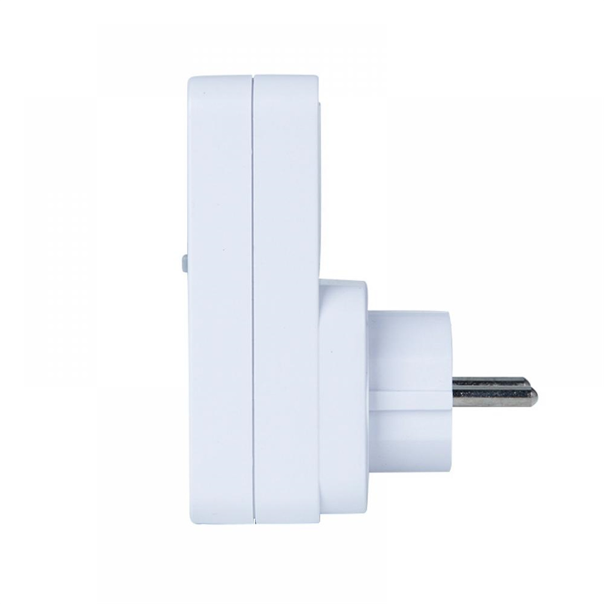 Weißer Stromadapter mit Stecker. Seitenansicht. Es ist auf weißem Hintergrund.