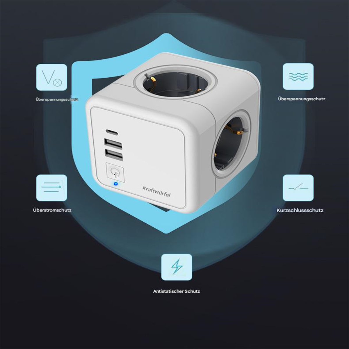 Weißer Power-Cube mit mehreren Steckdosen und USB-Anschlüssen, umgeben von Symbolen, auf blauem Schild.