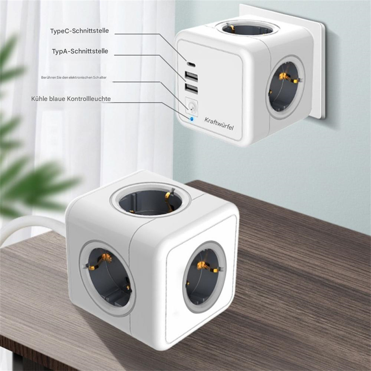 Weißer Power Cube mit vier Steckdosen und USB-Anschlüssen. Auf einem Holztisch. Weißer Hintergrund.
