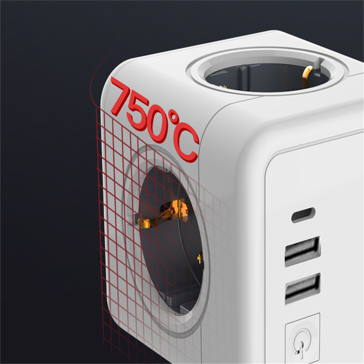 Weiße Steckdosenleiste mit rot hervorgehobener Temperatur (750 °C) und USB-Anschlüssen. Schwarzer Hintergrund.