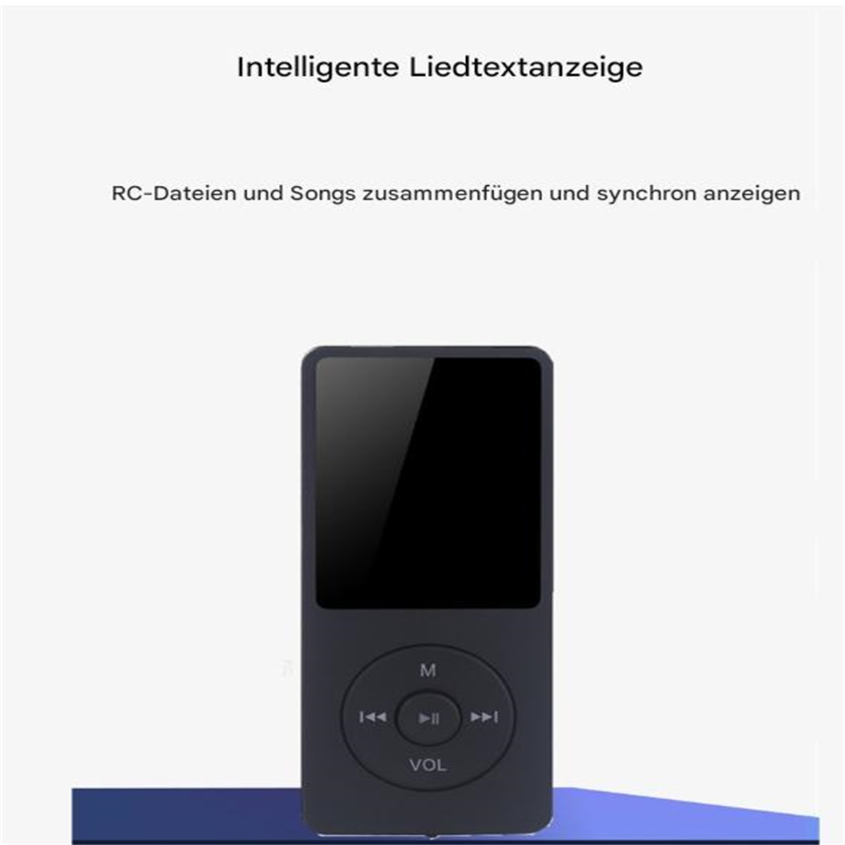 Ein kleiner schwarzer Musikplayer mit Bildschirm und Steuertasten. Text auf Deutsch.