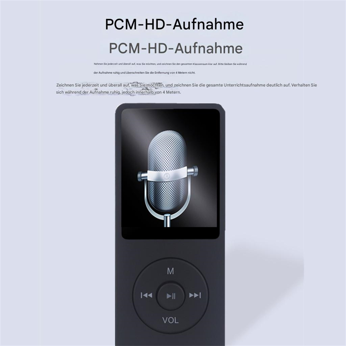 Ein schwarzer MP3-Player mit einem Bildschirm, der ein Mikrofon anzeigt, mit Steuertasten darunter.