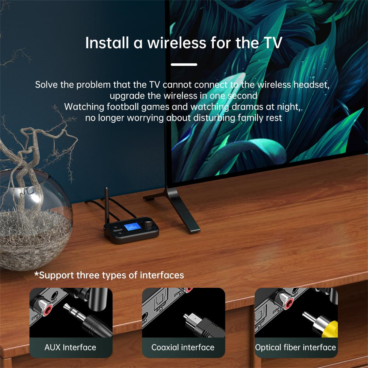 TV-Setup mit drahtlosem Gerät und Schnittstellen. Text: Installieren Sie Wireless für den Fernseher.