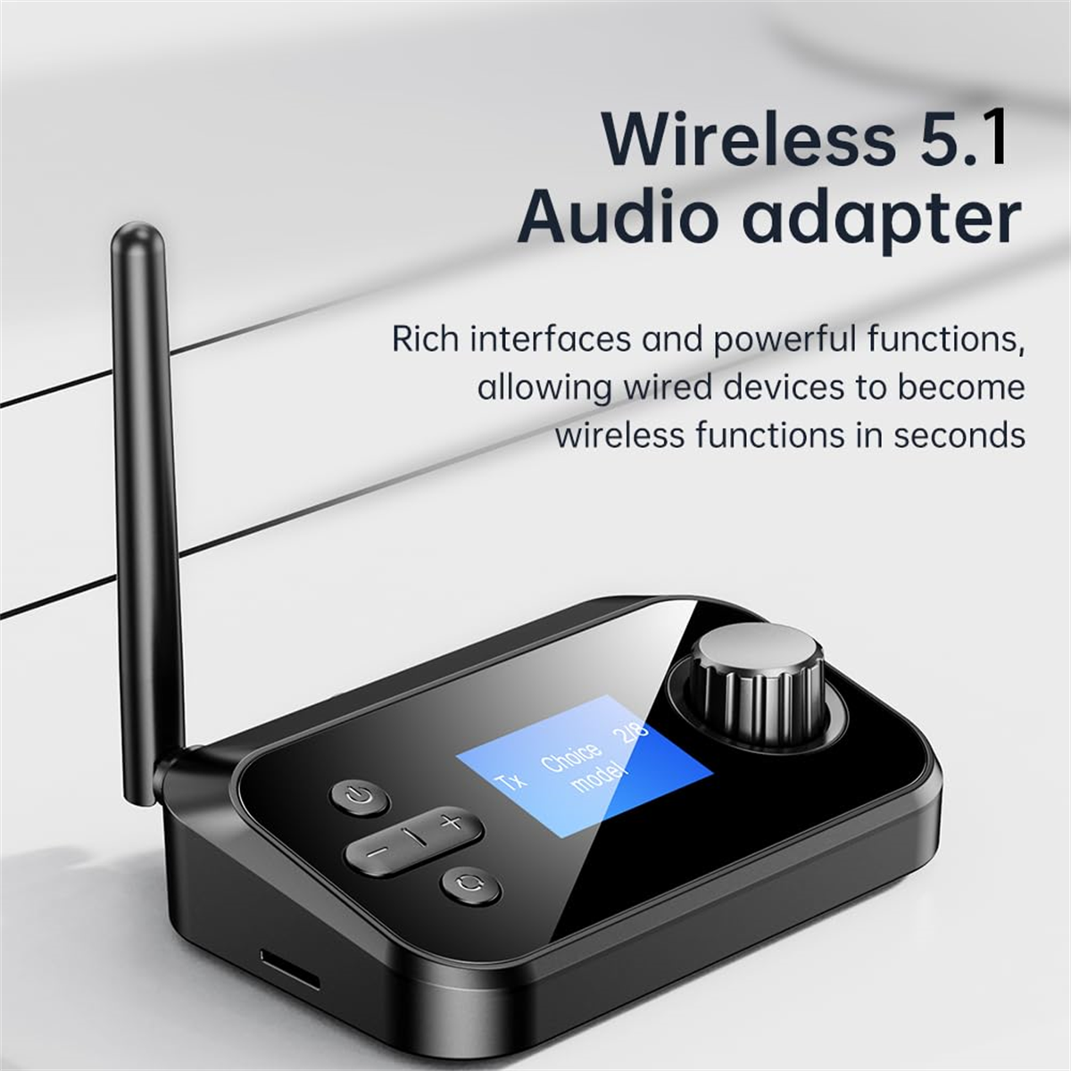 Schwarzer Wireless 5.1 Audioadapter mit Antenne und kleinem Bildschirm.