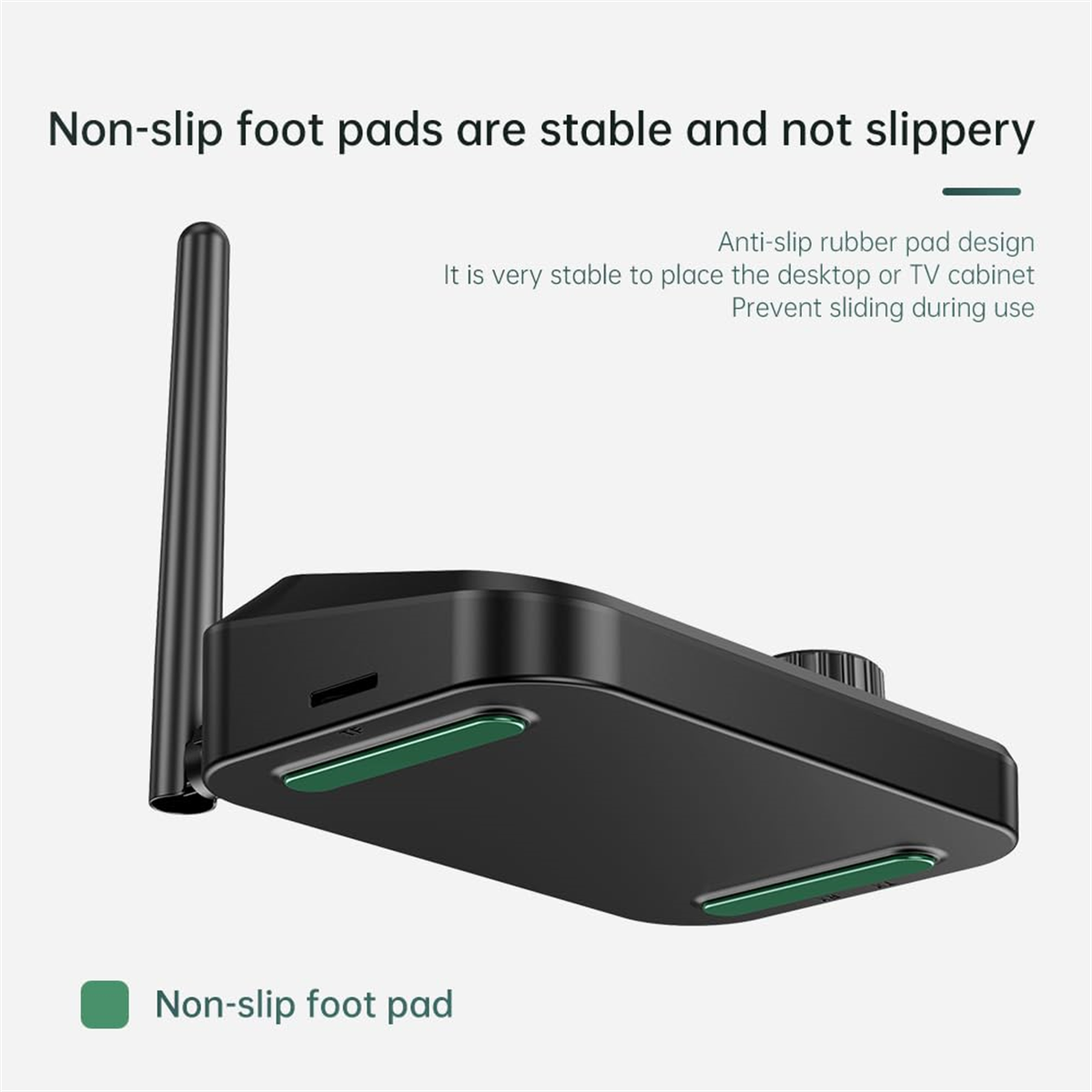 Ein schwarzes Gerät mit Antenne, Anti-Rutsch-Pads und Text zur Stabilität.