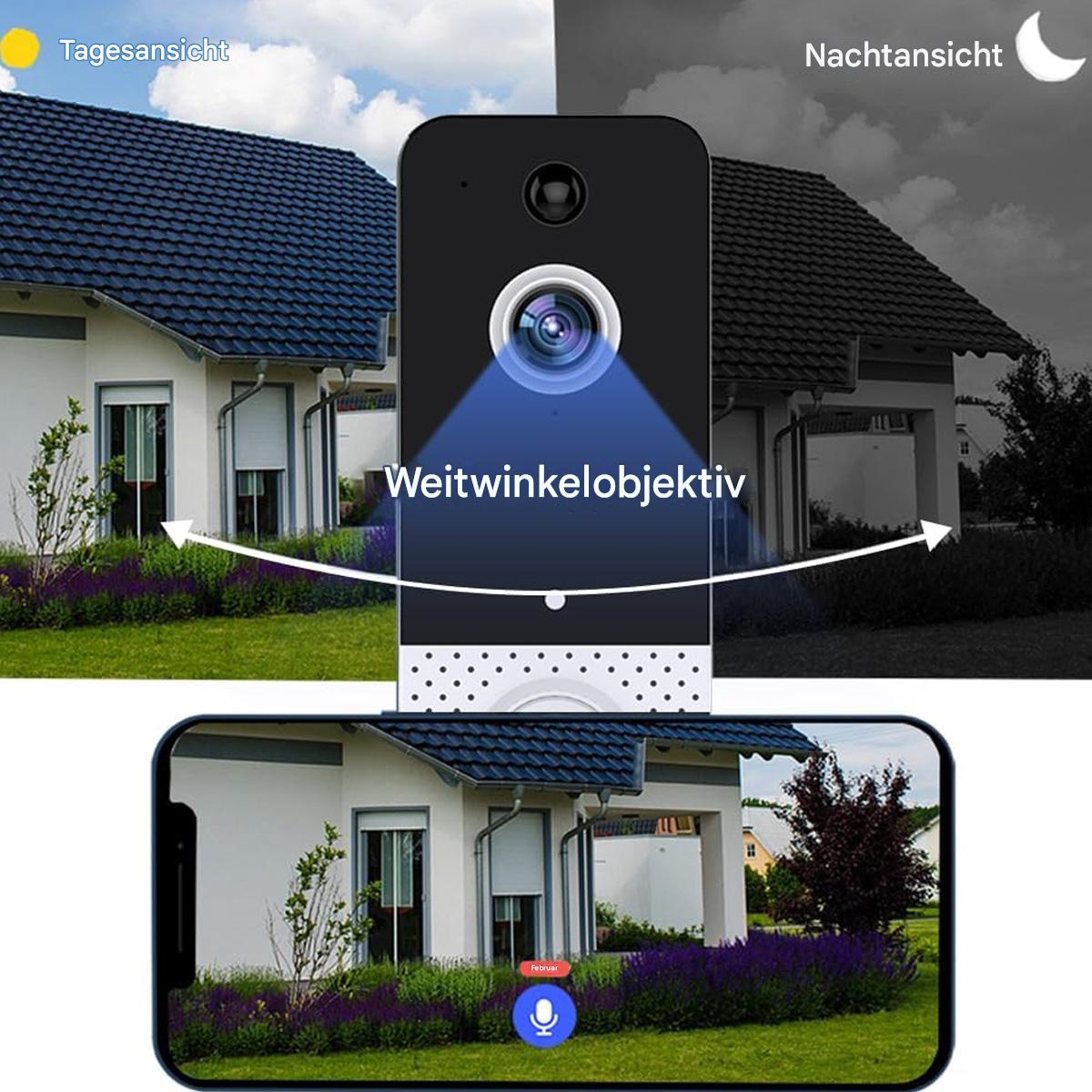 Eine intelligente Türklingel, die Tages- und Nachtansichten eines Hauses zeigt, mit einem Telefon, das dieselbe Ansicht anzeigt.