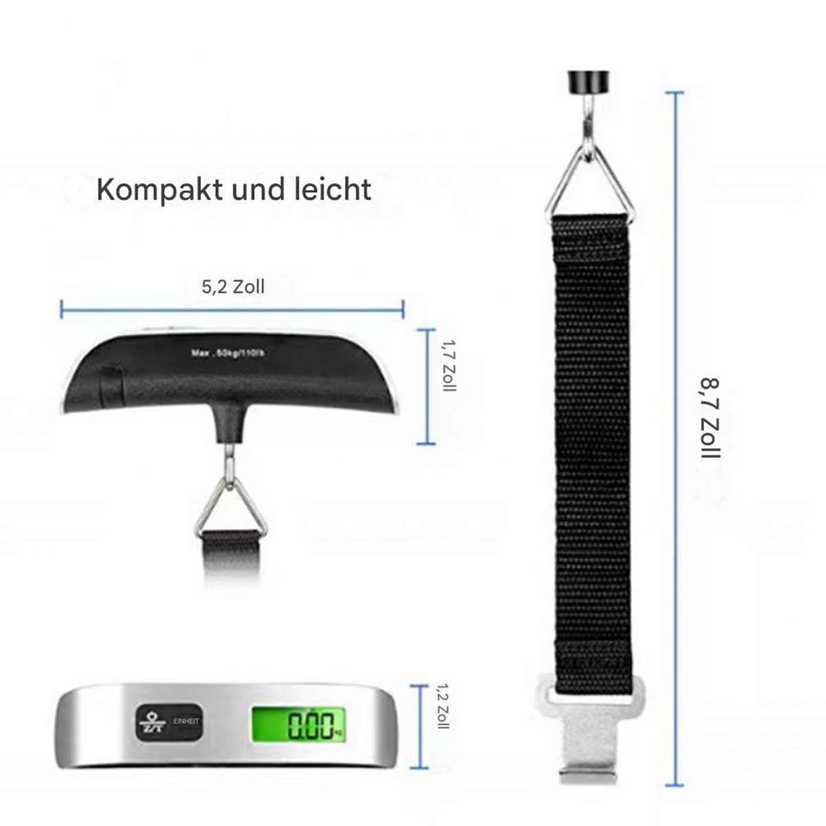 Eine schwarze Gepäckwaage mit digitaler Anzeige. Text: Kompakt und leicht. Abmessungen werden angezeigt.