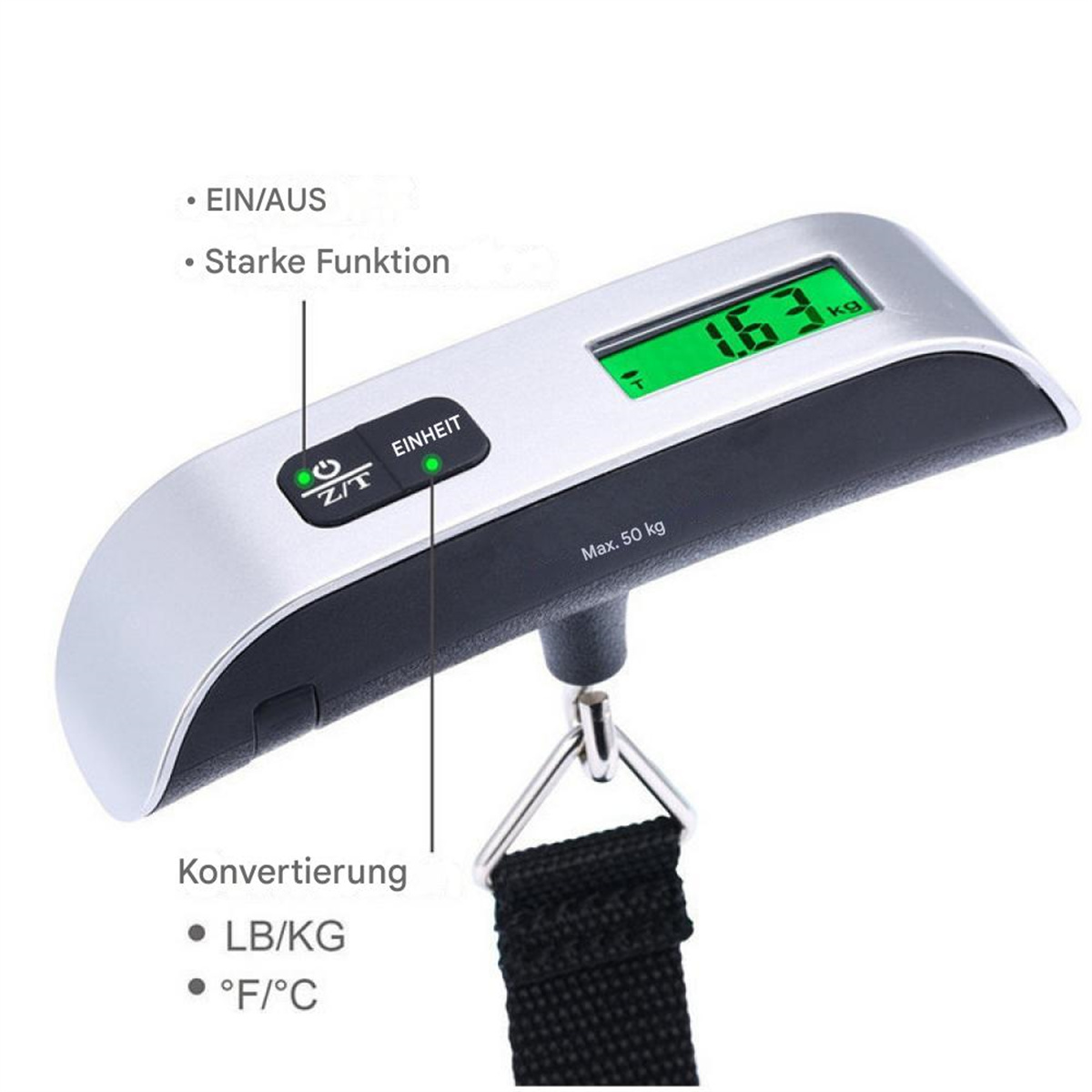 Silberne digitale Gepäckwaage, zeigt das Gewicht.