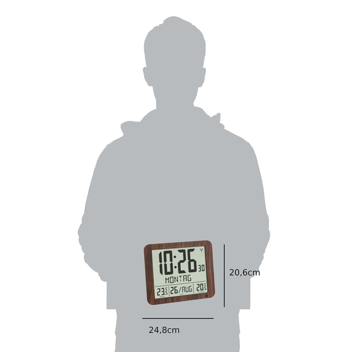 Digitaluhr mit großem Display und Silhouette. Messungen sind sichtbar.