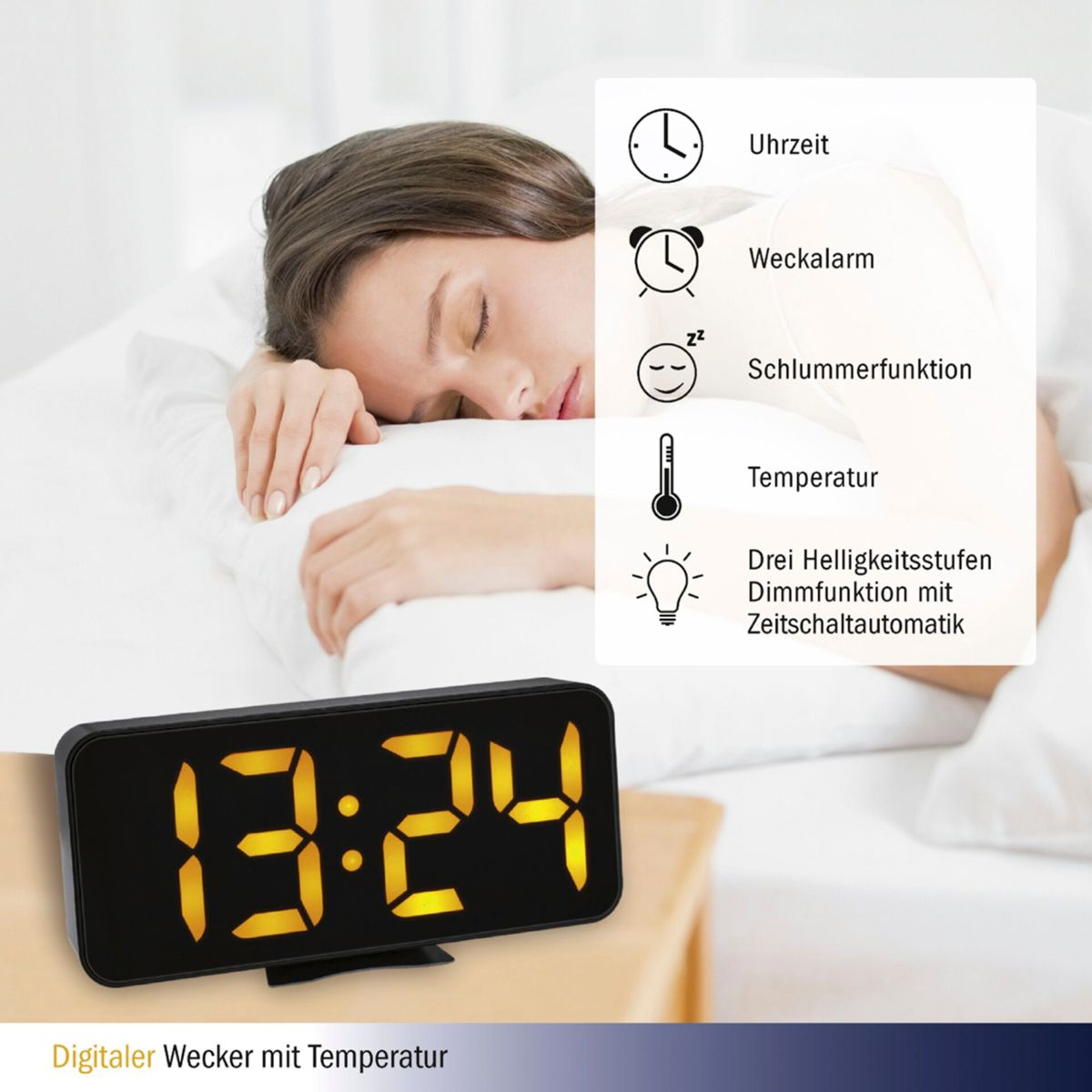 Ein digitaler Wecker mit der Anzeige 13:24, mit Symbolen und einer schlafenden Frau im Hintergrund.