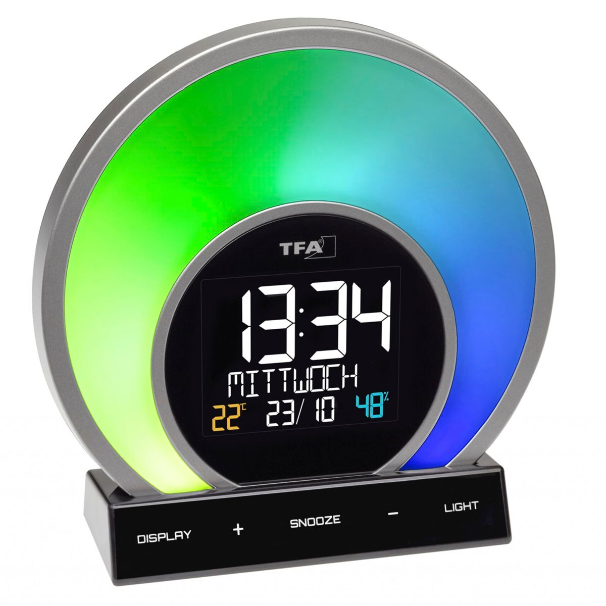 Digitaler Wecker mit Anzeige von Uhrzeit, Datum und Temperatur, mit weißem Hintergrund.