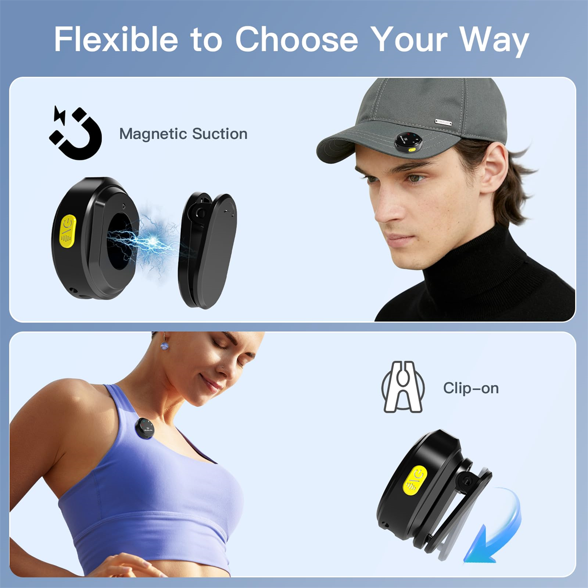 Kabellose Geräte. Magnetische Saug- und Clip-On-Optionen für Ohren und Hüte.
