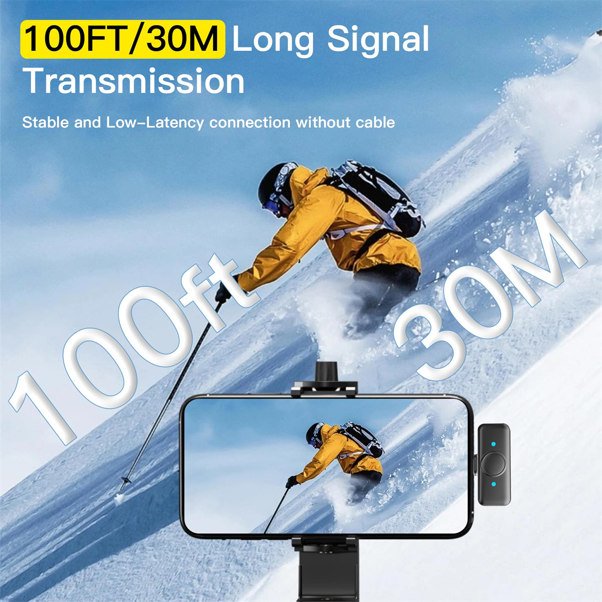 Ein Skifahrer auf einer schneebedeckten Piste, gezeigt auf einem Telefon, das an einem Gimbal befestigt ist. Der Text lautet: 100ft/30m lange Signalübertragung.