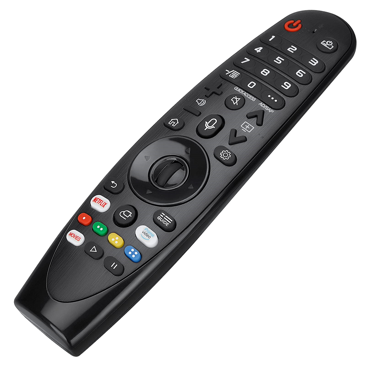 Schwarze LG-Fernbedienung mit vielen Tasten. Hat Netflix-, Film- und Einstellungstasten. Silberne Details auf dem schwarzen Gehäuse.