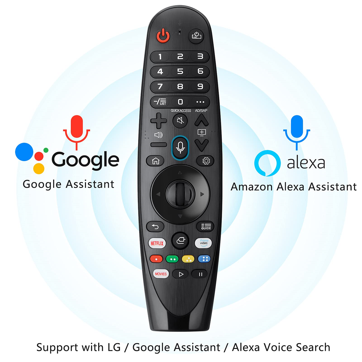Schwarze TV-Fernbedienung mit Google- und Alexa-Sprachassistenten-Tasten. Text unten.