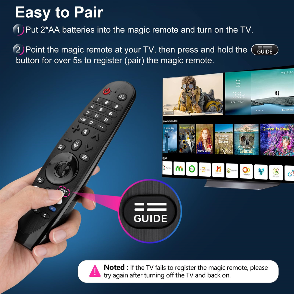 Hand hält eine schwarze TV-Fernbedienung. Der TV-Bildschirm zeigt eine Video-Streaming-Oberfläche.