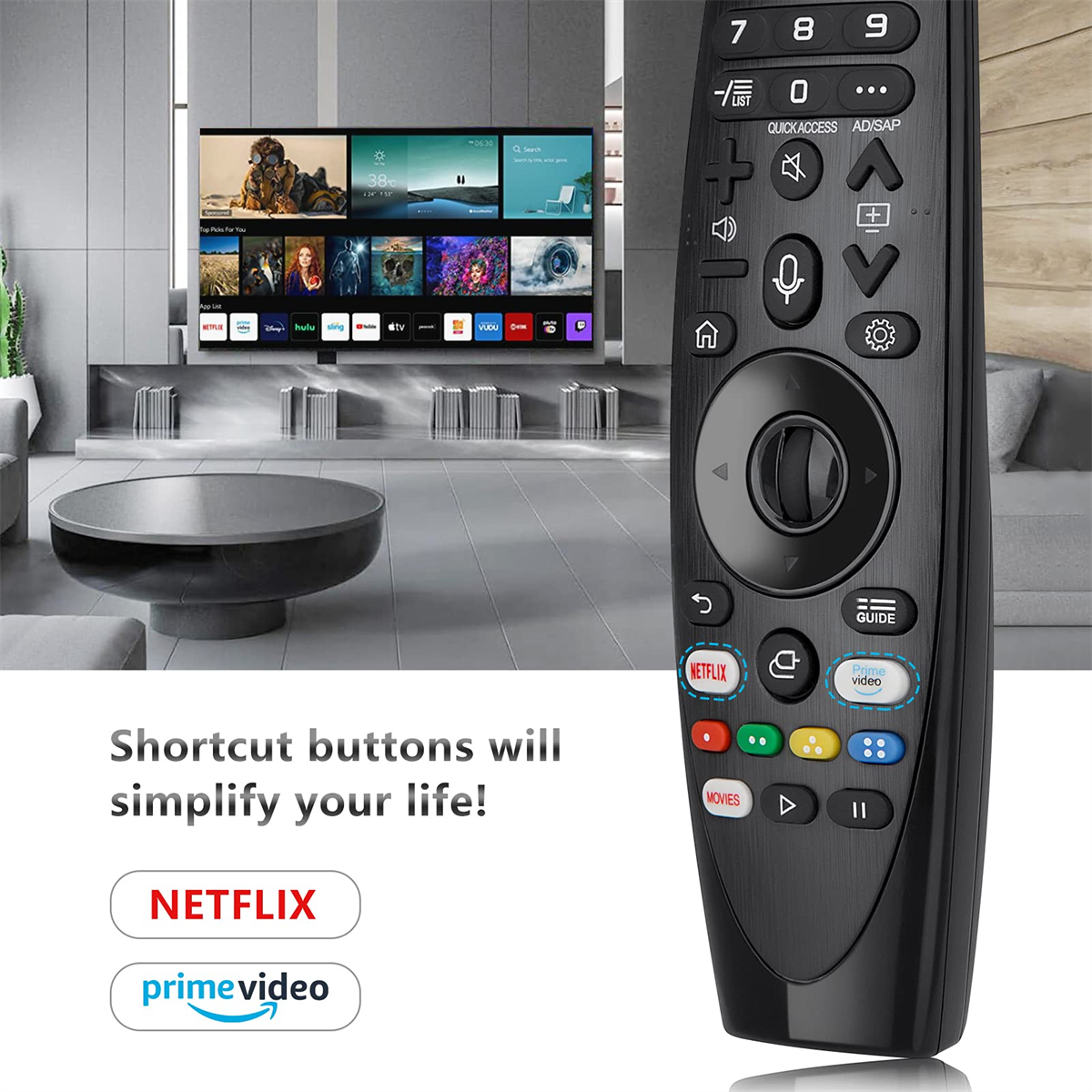 TV-Fernbedienung. Die Fernbedienung ist schwarz, mit vielen Shortcut-Tasten.