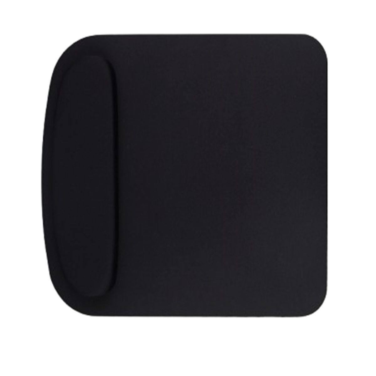 Ein schwarzes Mousepad mit Handgelenkauflage auf weißem Hintergrund. Die Auflage links.