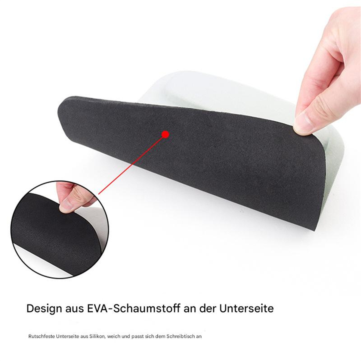 Hand hält ein schwarzes Schaumstoffpad über eine weiße Oberfläche. Text: 'Design aus EVA-Schaumstoff'.
