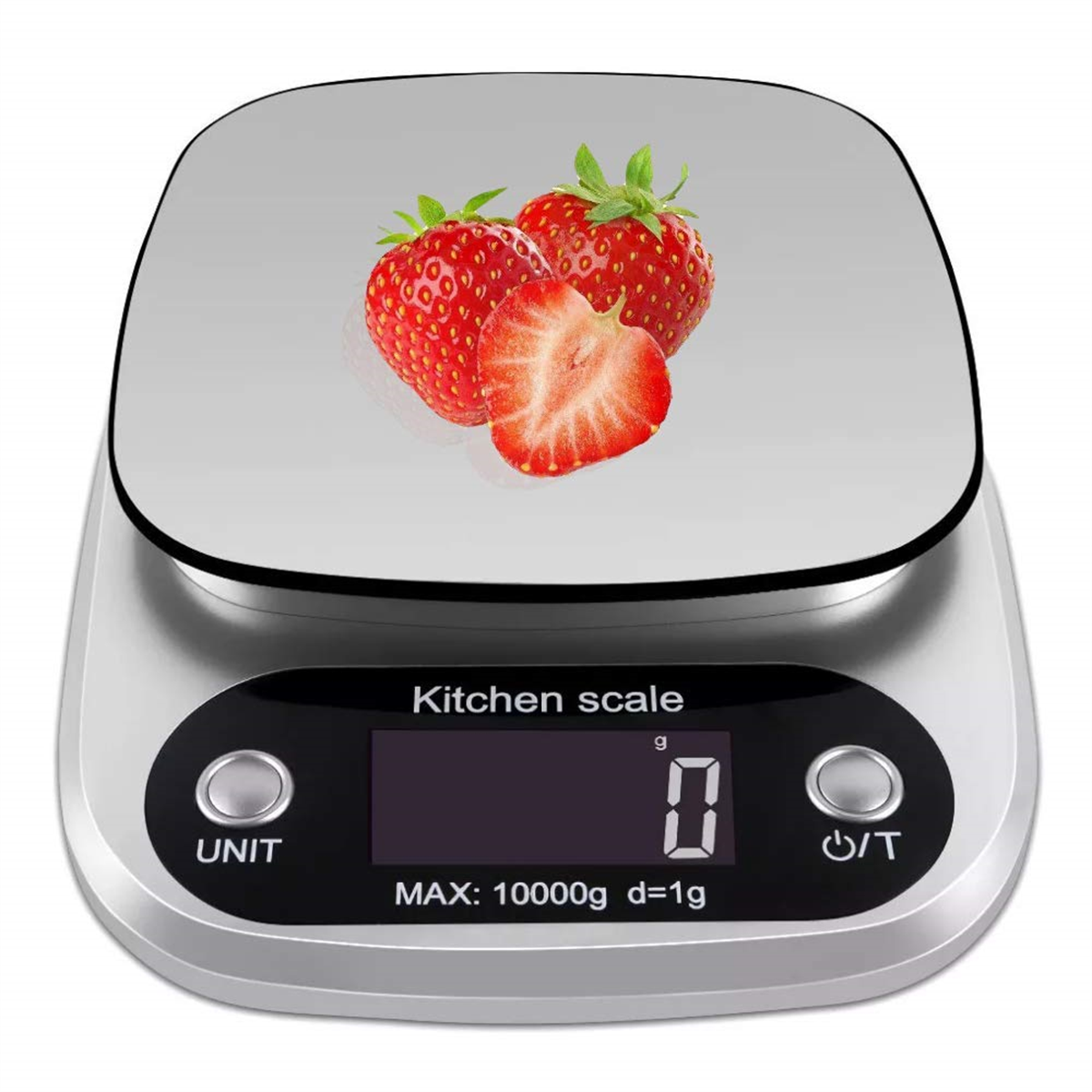 Küchenwaage mit silberner Oberfläche und drei Erdbeeren.