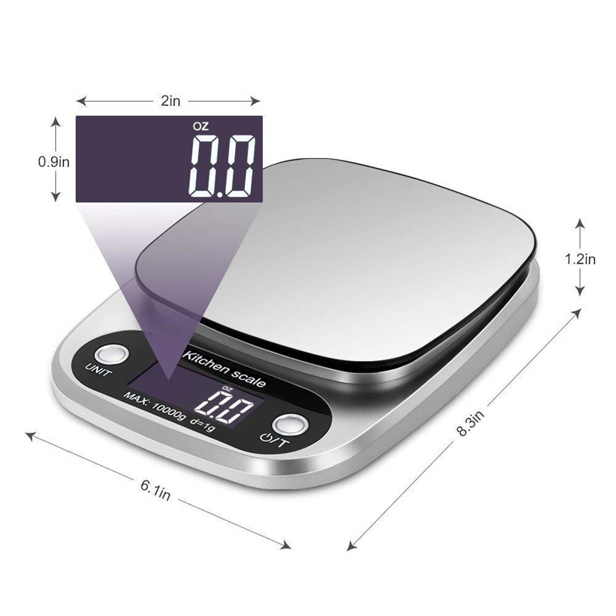 Eine silberne Küchenwaage mit digitaler Anzeige, die 0,0 oz anzeigt, mit annotierten Abmessungen.