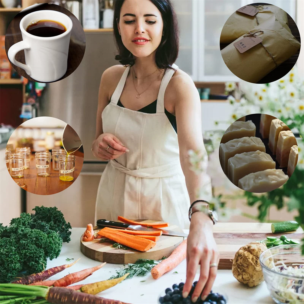 Eine Frau bereitet Essen in einer Küche zu, mit Kaffee, Gemüse und Seife. Küchentheke mit Zutaten.