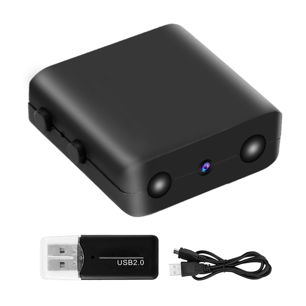 Schwarzes rechteckiges Gerät mit zwei Linsen, einem USB-Stick und einem Ladekabel, alles auf weißem Hintergrund.