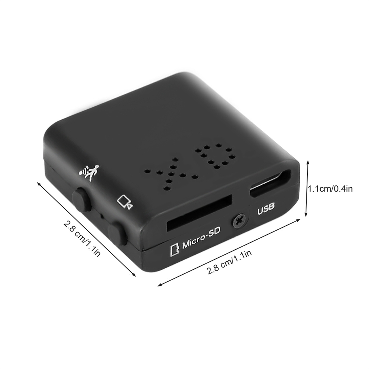 Kleine, schwarze, rechteckige Kamera mit Abmessungen und Micro-SD- und USB-Anschlüssen.