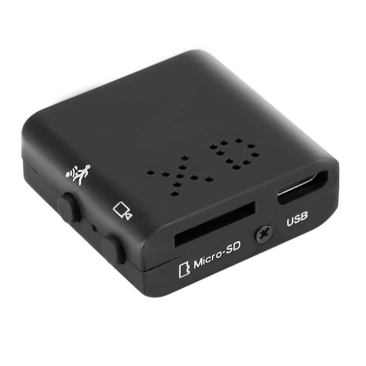 Schwarze Mini-Spionagekamera mit Micro-SD- und USB-Anschlüssen, Tasten und einem kleinen Lautsprecher.