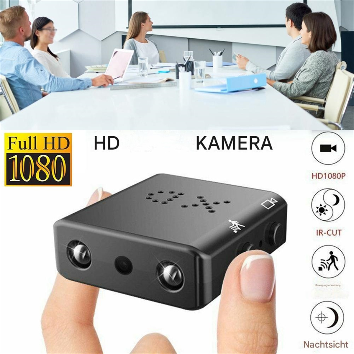 Kleine schwarze Kamera mit Symbolen und Text, gehalten von einer Hand, mit Personen in einem Meeting im Hintergrund.