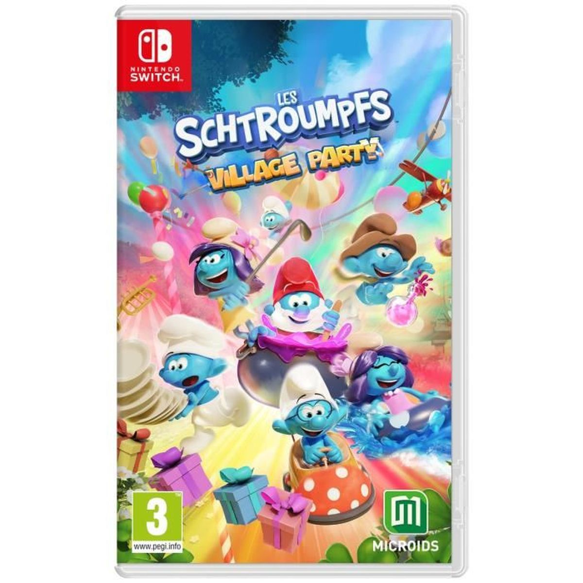 Okładka gry na Nintendo Switch "Les Schtroumpfs Village Party". Smerfy są głównymi bohaterami.
