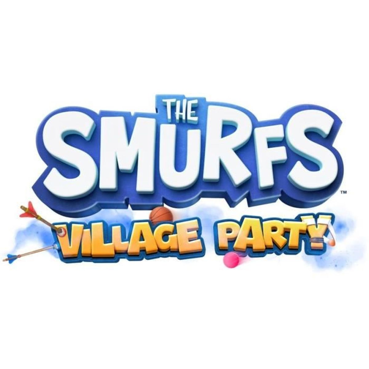 Logo gry The Smurfs: Village Party. Niebieskie logo z białym tekstem, Smerfy, Village Party. Zawiera strzałki i piłkę.