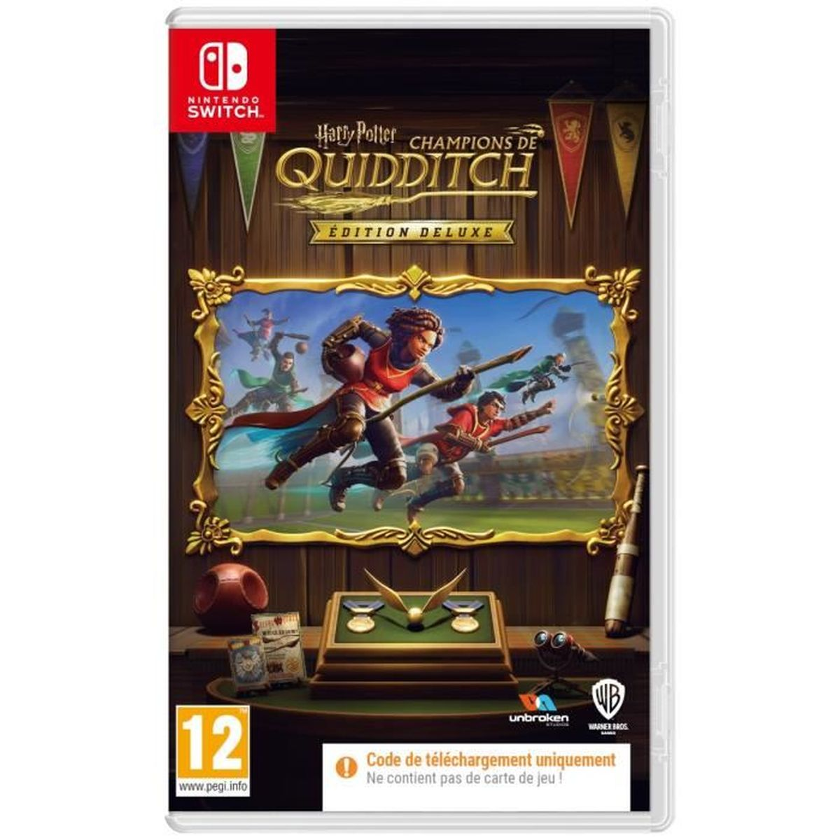 Scatola del videogioco "Harry Potter Champions de Quidditch" per Nintendo Switch.