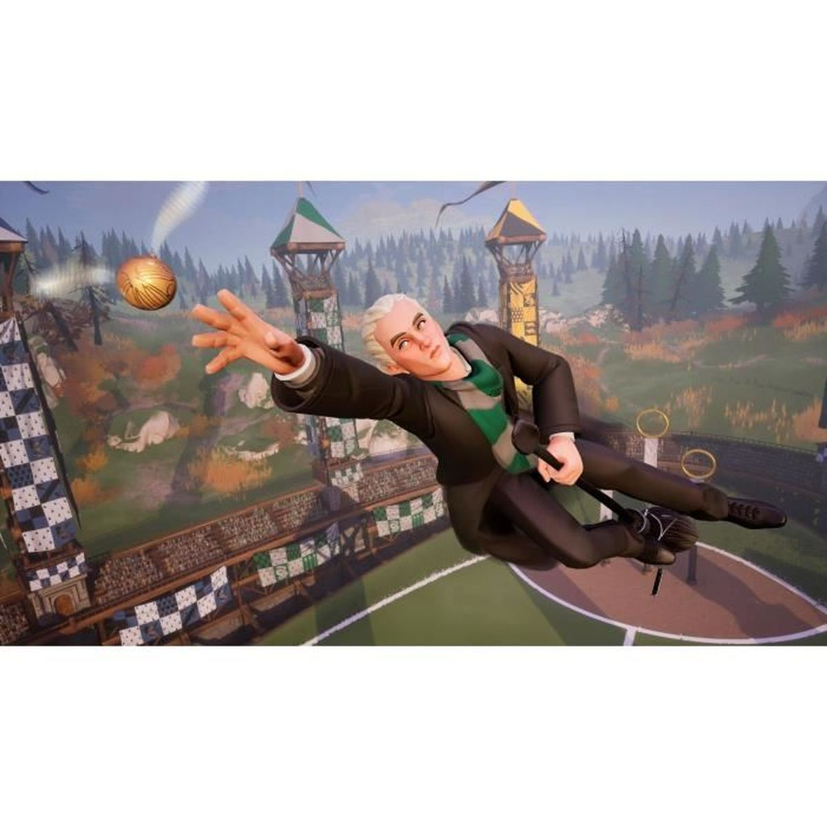 Una scena di gioco con un personaggio su una scopa che raggiunge il boccino d'oro.