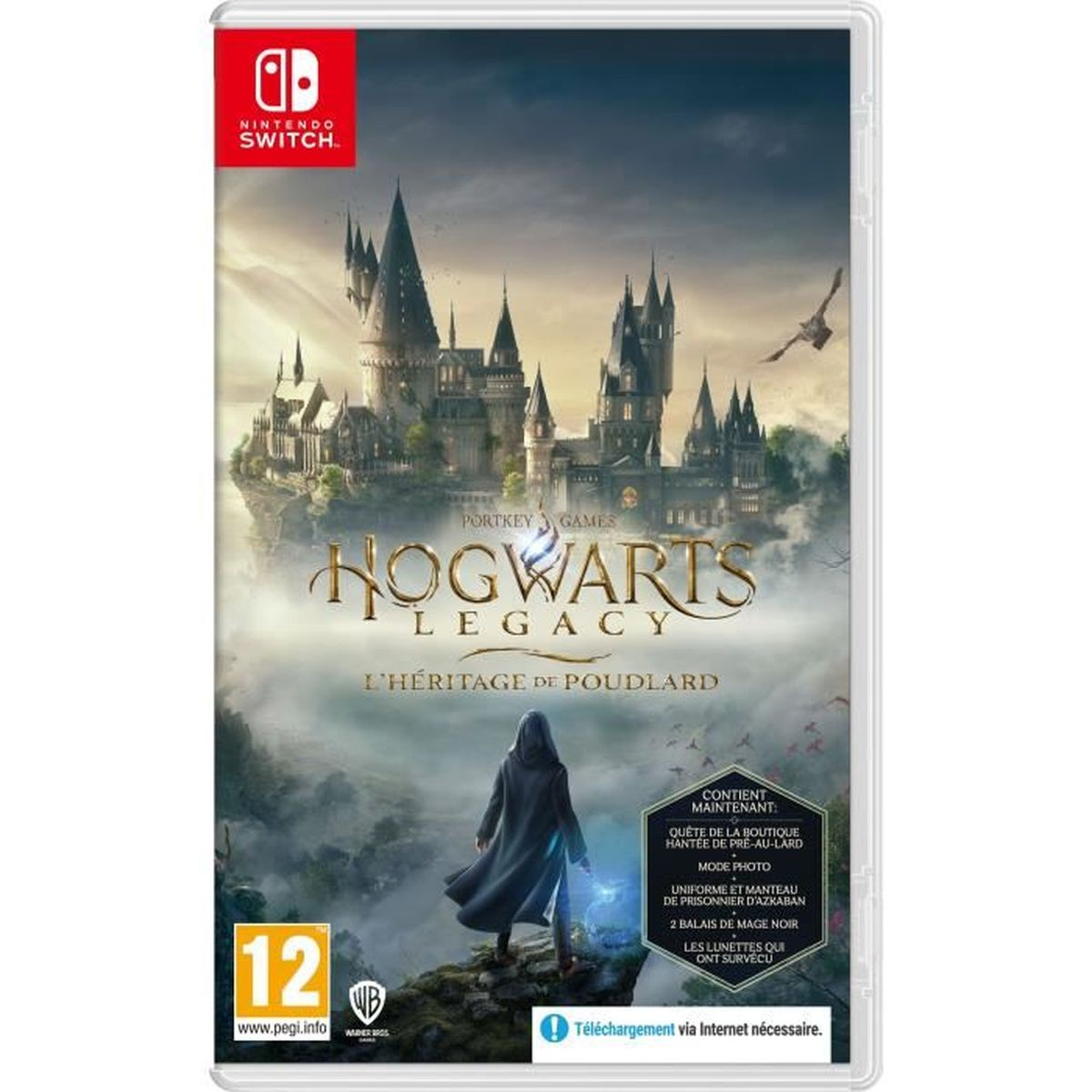 Pudełko gry Hogwarts Legacy, z zamkiem i postacią w płaszczu na okładce. Logo Nintendo Switch.