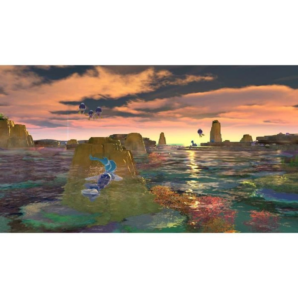 Surrealistyczna scena z fantastycznego świata z unoszącymi się stworzeniami i kolorową wodą.